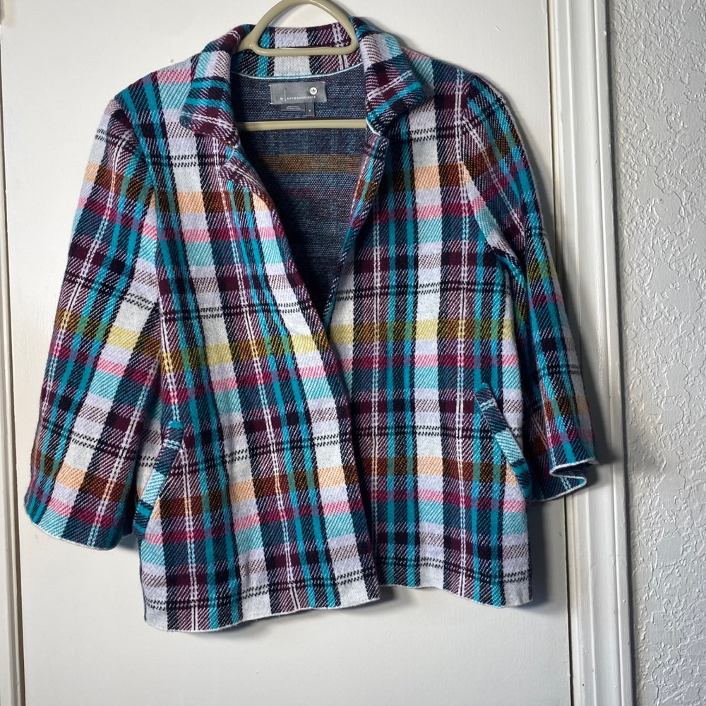 Anthropologie Rosetta Plaid Knit‎ Jacket Multicolor Snap Cardigan Small 3/4